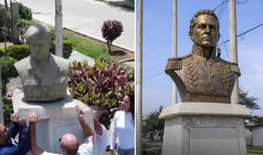 COMUNIDAD VENEZOLANA RETIRA ESTATUA DE HUGO CHÁVEZ EN CHINCHA Y COLOCA BUSTO DE SIMÓN BOLÍVAR